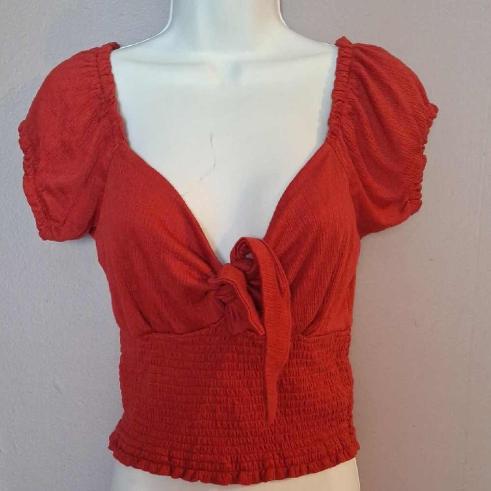 Active USA Red Smocked Puff Sleeve Crop Top